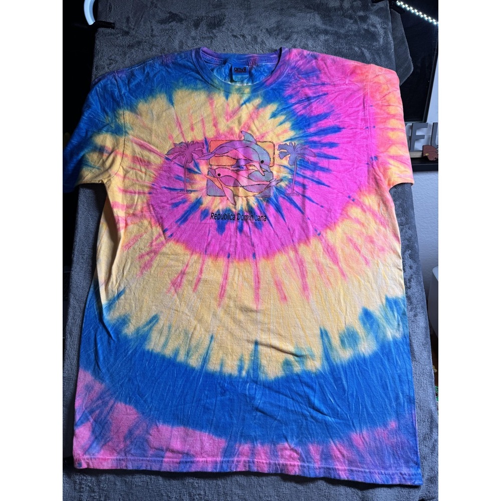 Anvil Shirt Mens Large Tie Dye Multicolor Dolphins Dominican Republic Graphic